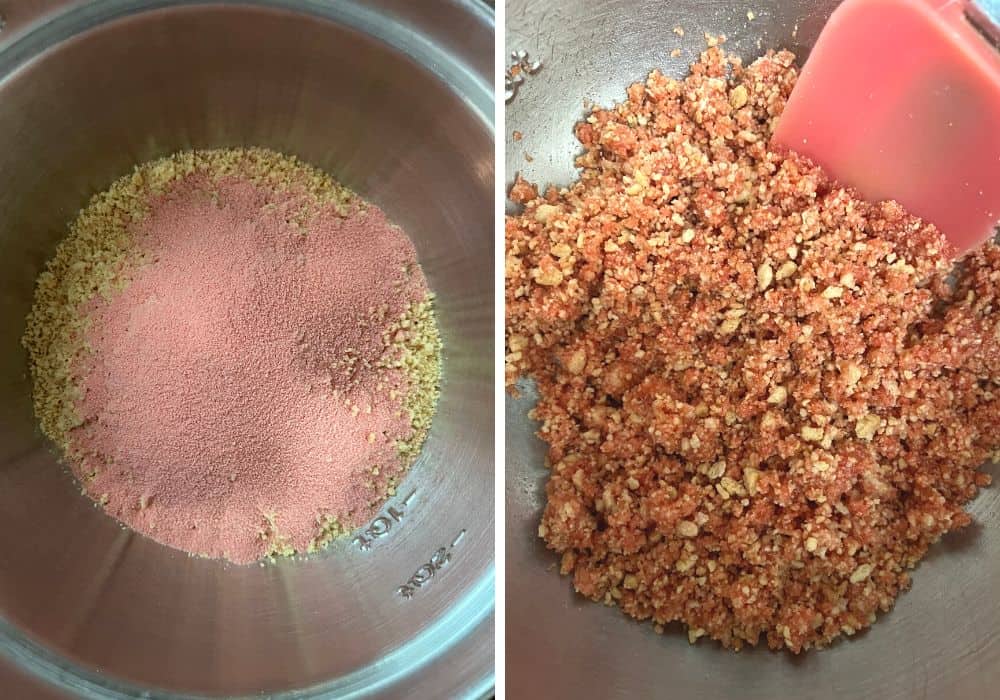 two photos; one shows crushed golden Oreos and strawberry Jello mix in a bowl; the other shows the mixture after adding melted butter to create the strawberry crunch topping.