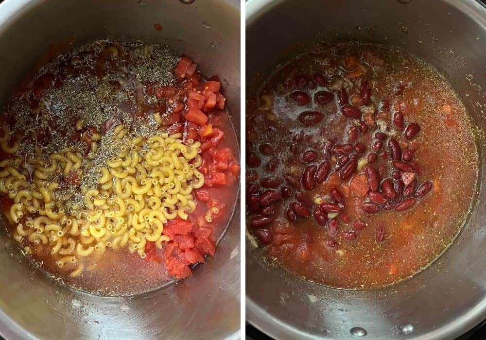 two photos; one shows water, bouillon, seasonings, tomatoes, macaroni, and beans added to the insert pot. The other shows the ingredients mixed together prior to pressure cooking.