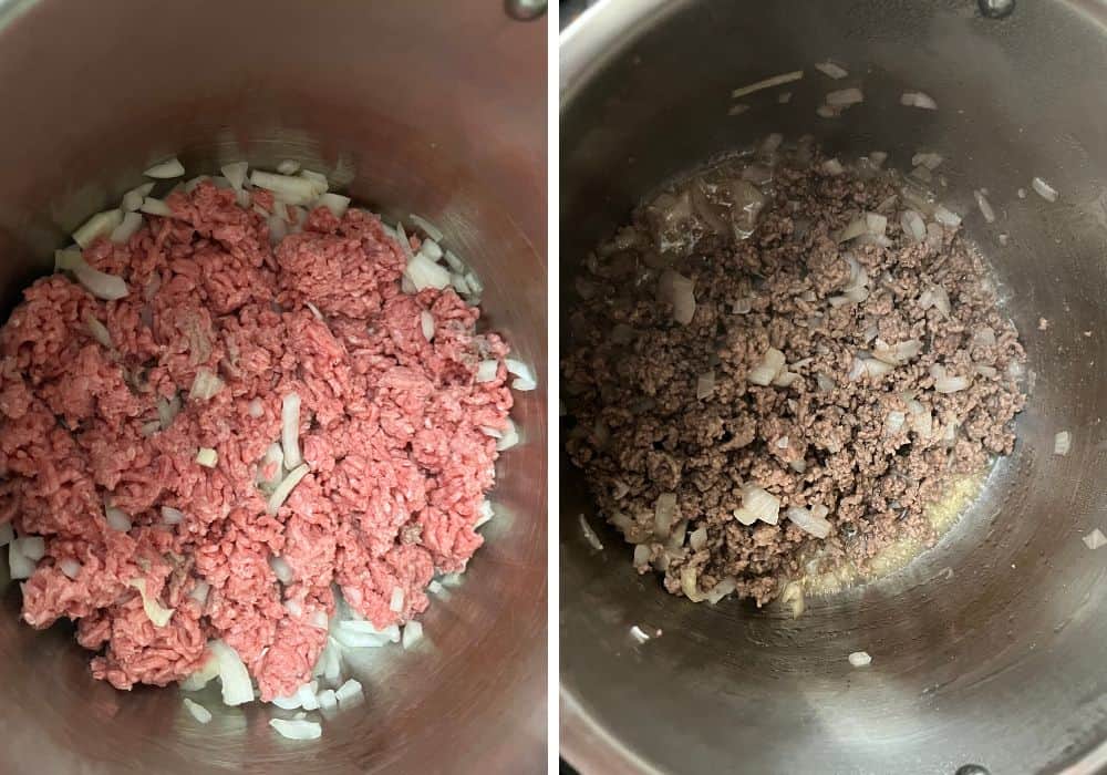two photos; one shows fresh ground beef and onions in an instant pot, the other shows browned ground beef and cooked onions.