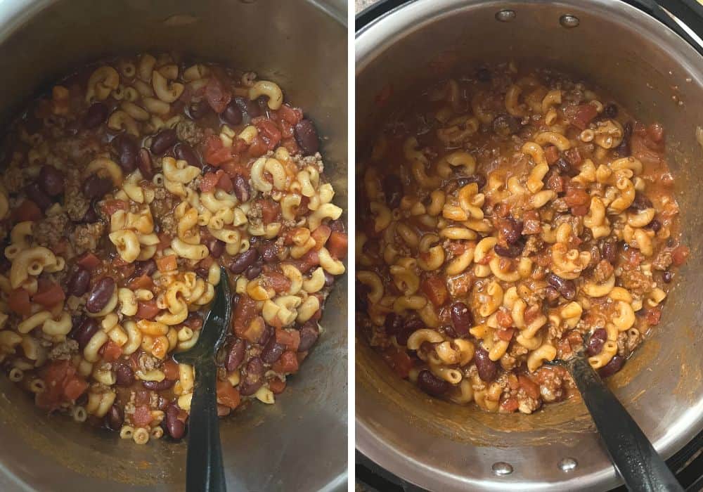 two photos; one shows the ingredients after pressure cooking, the other shows the mixture once shredded cheese has been melted in.