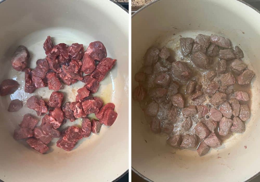 two photos; one shows raw beef stew meat in a dutch oven, the other shows the meat browned on all sides.