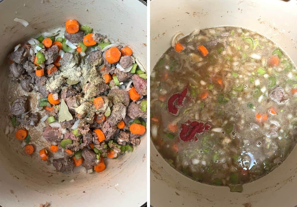 two photos; one shows vegetables and seasonings added to beef mixture, the other shows broth, tomato paste, and worcestershire sauce added to the mixture.
