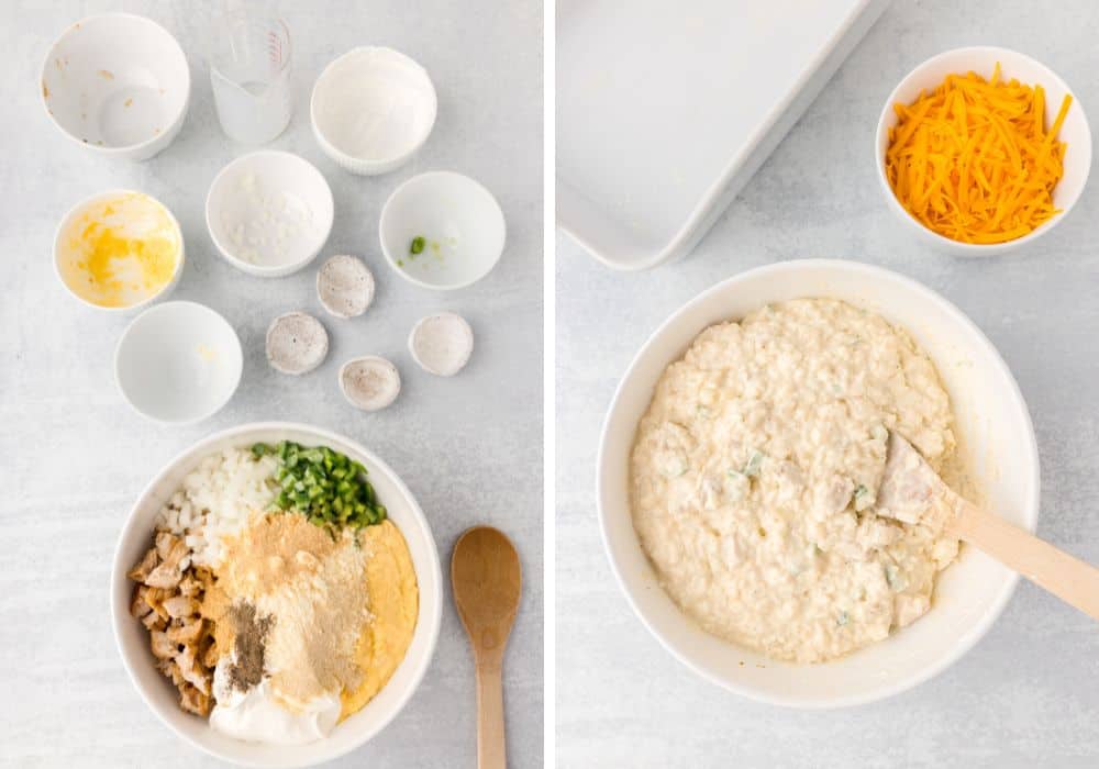 two photos; one shows ingredients combined in a mixing bowl, the other shows the ingredients stirred together to form the base of the chicken and rice casserole.