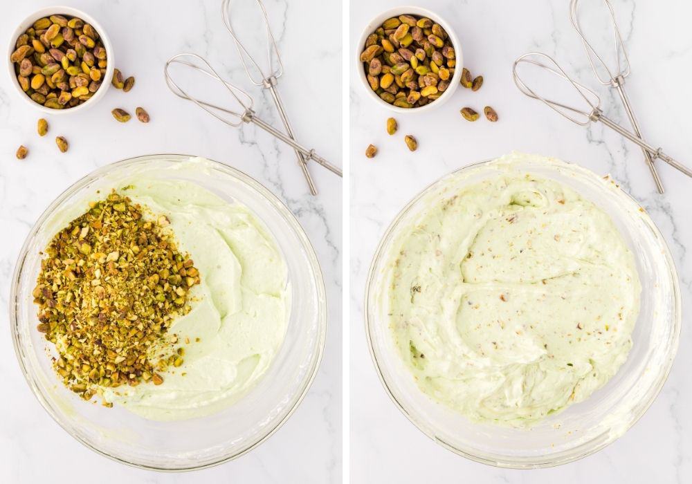 two photos; one shows chopped pistachios added to the ice cream base, the other shows the nuts mixed into the base.