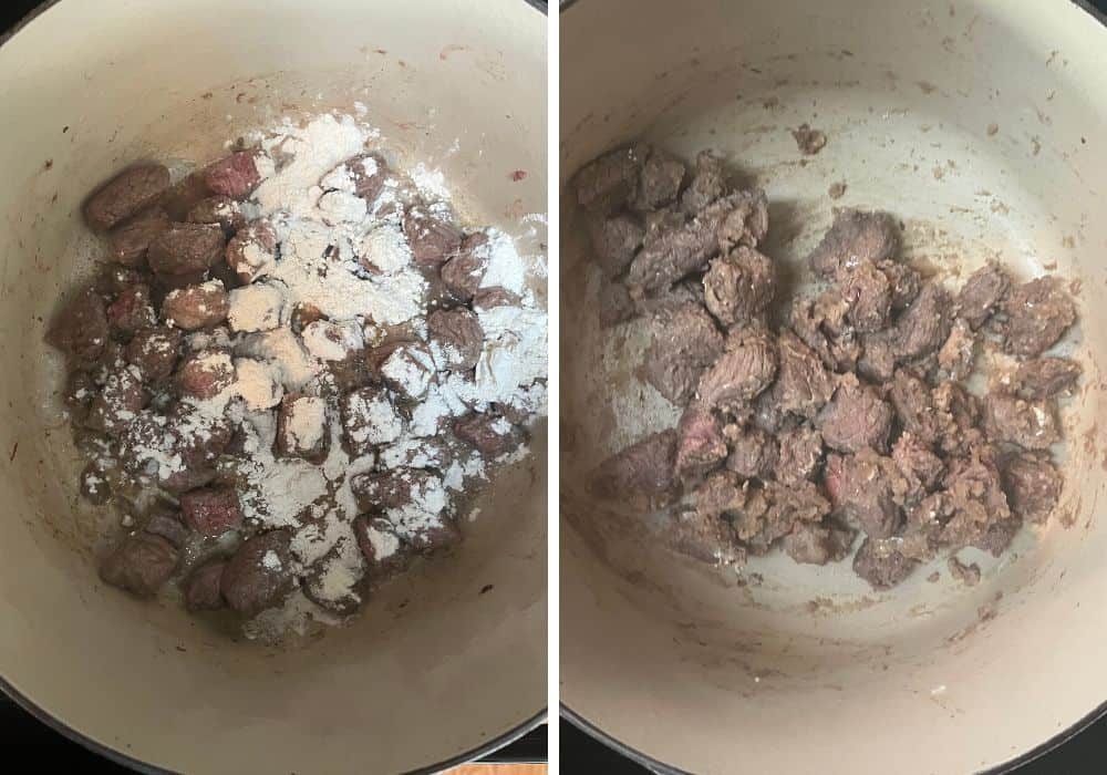 two photos; one shows flour sprinkled over cooked stew meat, the other shows the flour mixed in so it absorbs the drippings.