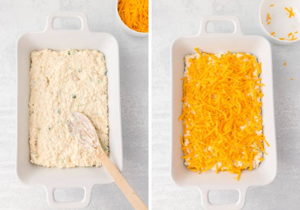 two photos; one shows casserole mixture spread into a 9x13" baking dish; the other shows shredded cheese sprinkled over the top of the casserole.
