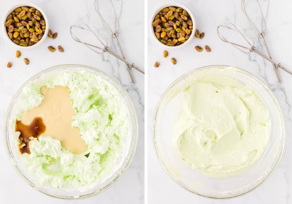 two photos; one shows sweetened condensed milk, vanilla extract, and almond extract added to the whipped cream mixture; the other shows the ingredients folded together.