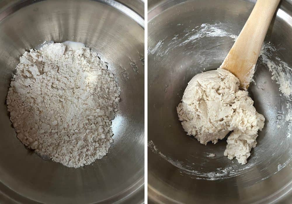 two photos; one shows Bisquick baking mix and milk in a bowl, the other shows a wooden spoon mixing it into a soft dough.