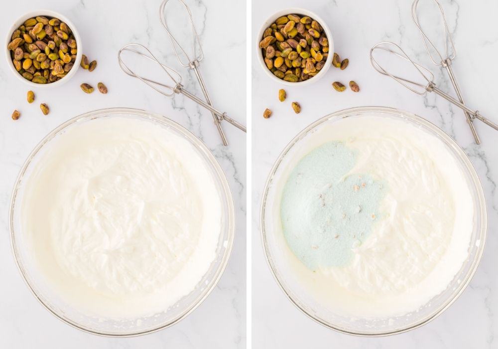 two photos; one shows whipped cream in a glass mixing bowl, the other shows dry instant pistachio pudding mix added to the whipped cream mixture in the bowl.
