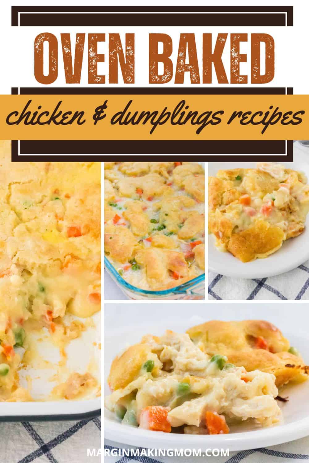 collage image featuring photos of oven-baked chicken and dumplings recipes.