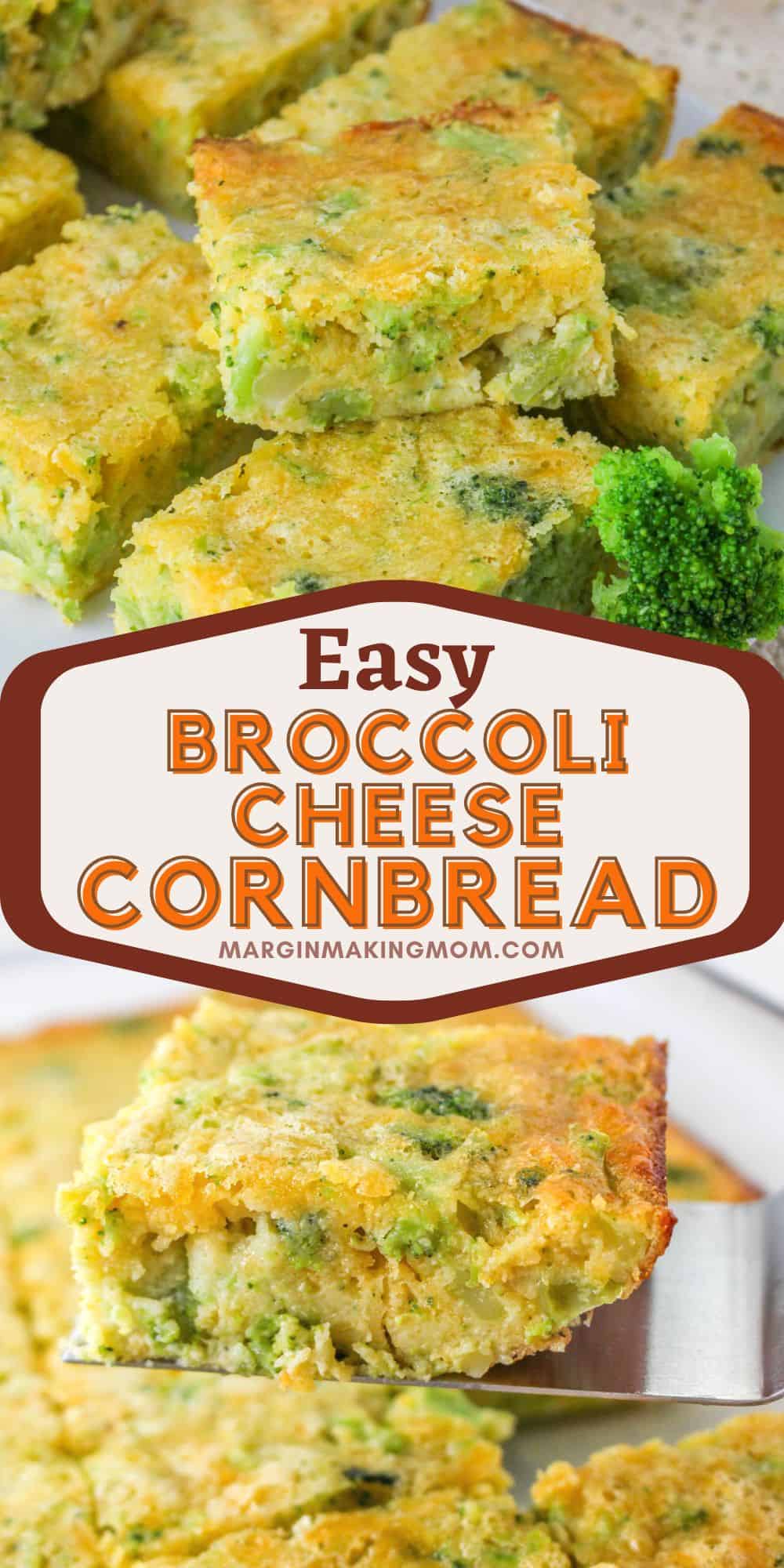 two photos; one shows squares of cheesy broccoli cornbread on a plate, the other shows a spatula lifting out a slice of broccoli cornbread from the pan.