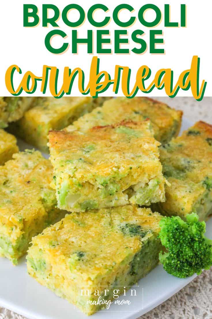 squares of broccoli cheese cornbread served on a white plate