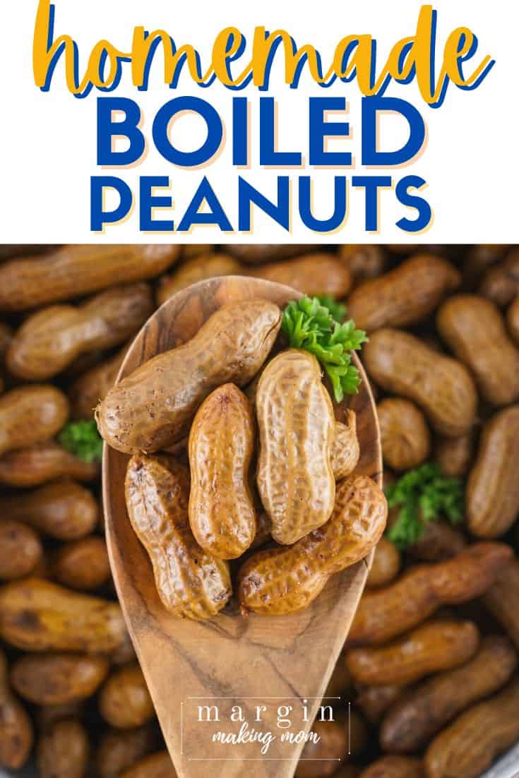 a wooden spoon scoops boiled peanuts out of a pot of brine