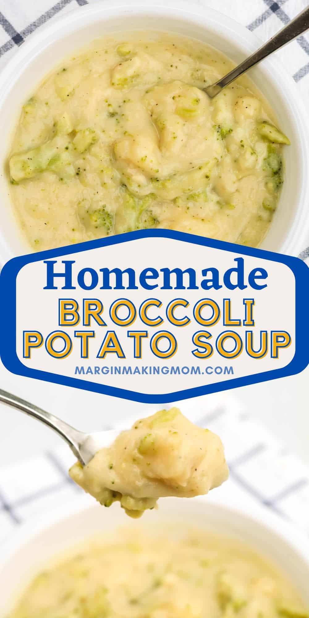 two photos; one shows a bowl of broccoli potato soup with a spoon in it, the other shows the spoon lifting out a bite of the hearty soup.