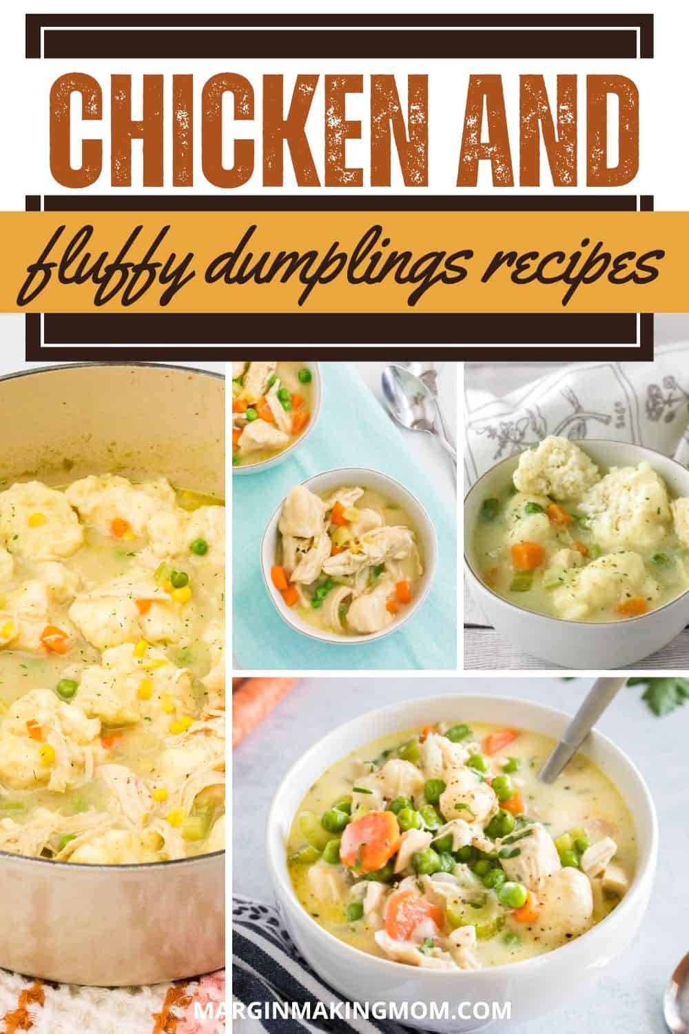 collage image featuring photos of chicken and fluffy dumplings, including those made with Bisquick, Jiffy mix, and biscuit dough.