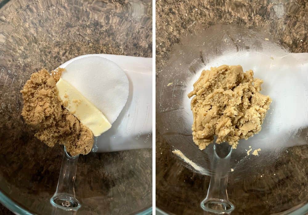 two photos; one shows butter, brown sugar, and white sugar in a glass mixing bowl of a stand mixer, the other shows the ingredients creamed together.