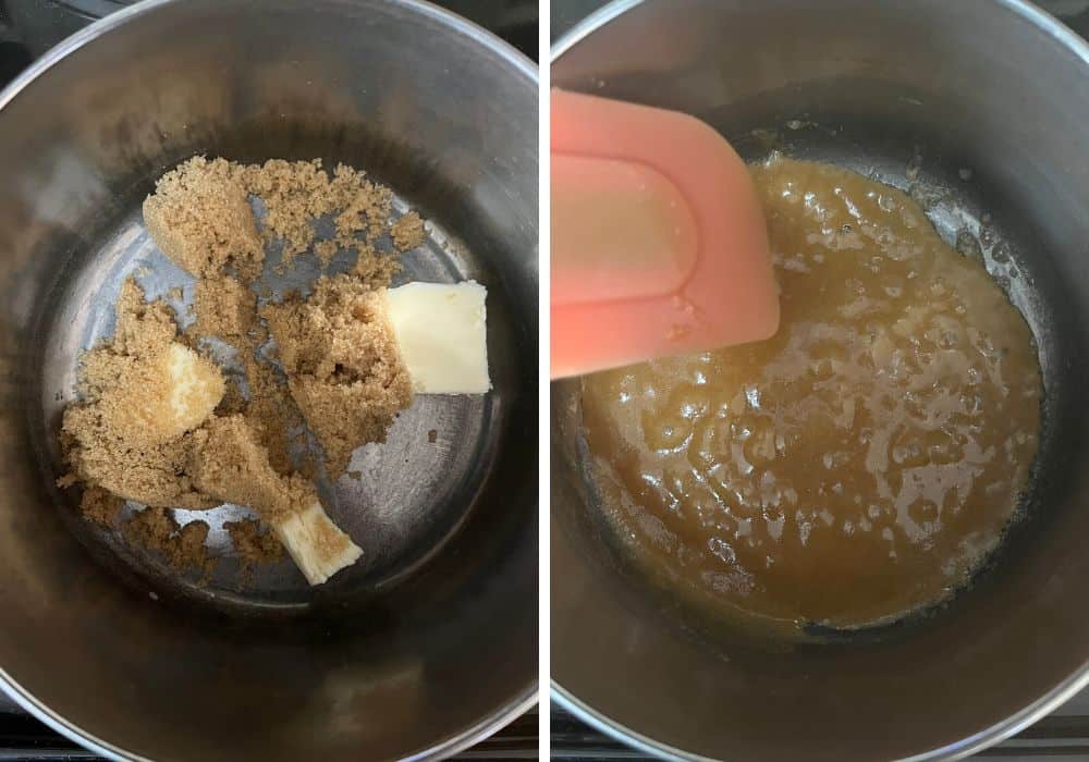 two photos; one shows butter and brown sugar in a small saucepan, the other shows the mixture boiling.