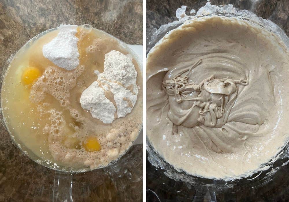 two photos; one shows cake ingredients in a mixing bowl, the other shows them mixed together to form a batter.