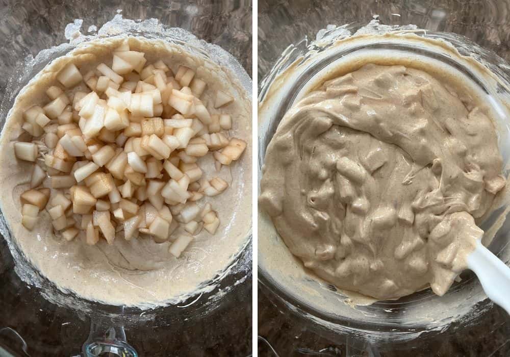 two photos; one shows diced fresh pears on top of the batter, the other shows them stirred into the batter.