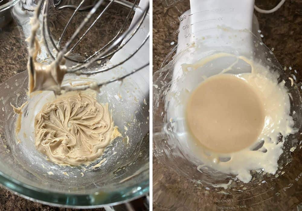 two photos; one shows caramel mixture and powdered sugar beaten together in a glass mixing bowl; the other shows milk added to the mixture to thin it out to a pourable consistency.