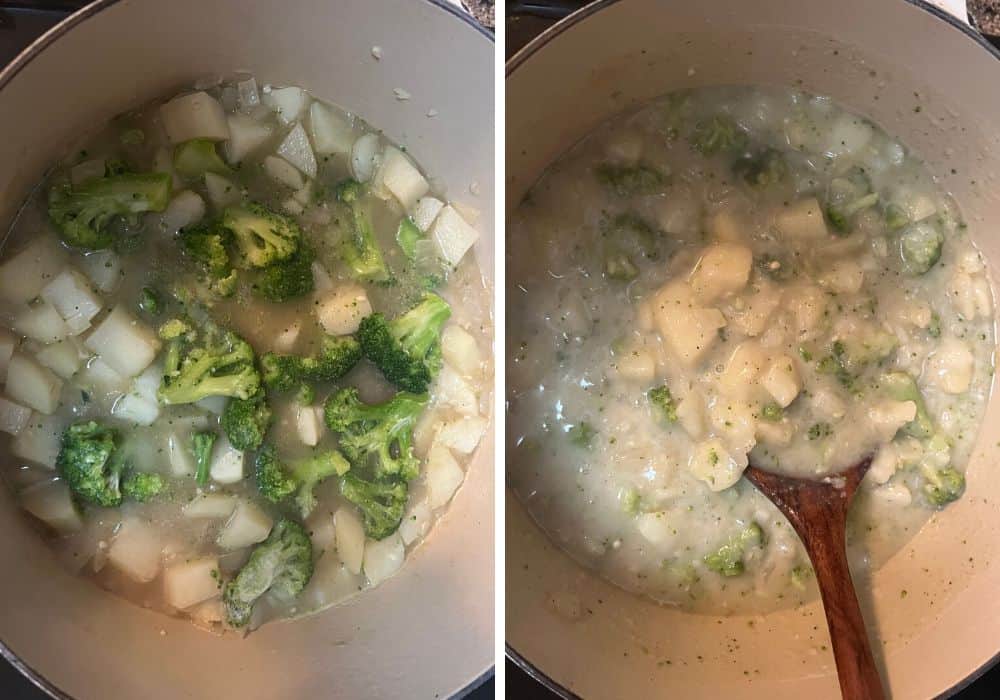 two photos; one shows frozen broccoli florets added to the potato mixture; the other shows the soup after adding the flour and milk slurry, so it's thicker and the broccoli is cooked.