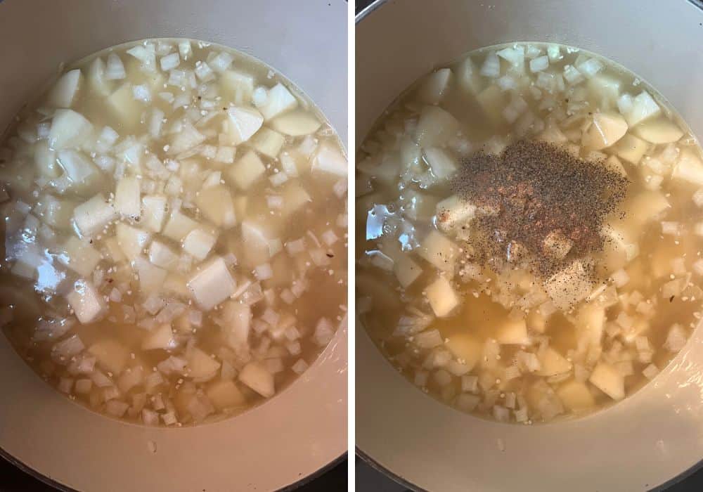 two photos; one shows diced potatoes and broth added to the onions and garlic. The other shows seasonings added to the broth.