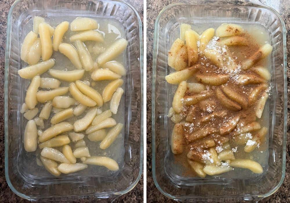 two photos; one shows canned pears with heavy syrup in a baking dish. The other shows cornstarch, cinnamon, and nutmeg added to the pears.