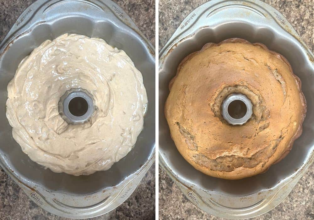 two photos; one shows pear cake batter in a bundt pan, the other shows the freshly baked pear cake still in the pan.