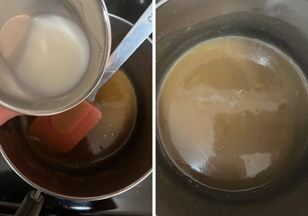 two photos; one shows milk being added to the caramel mixture, the other shows the milk stirred in.