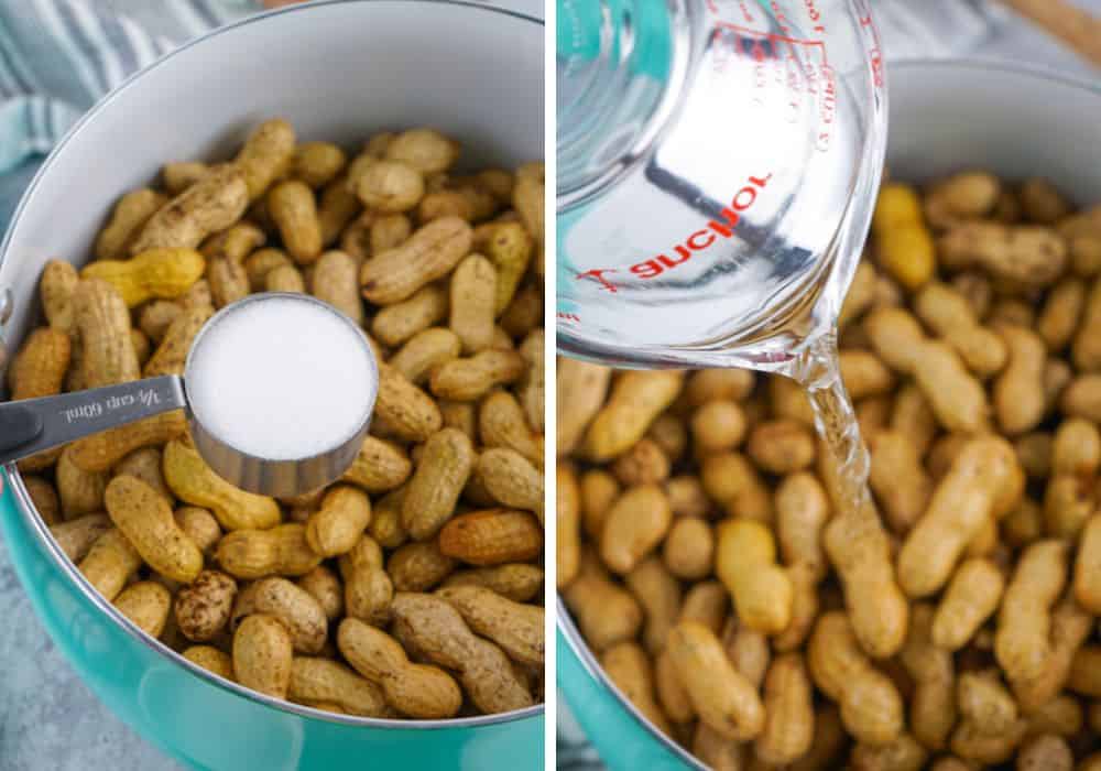 two photos; one shows a measuring cup adding salt to raw peanuts, the other shows water being poured over them.