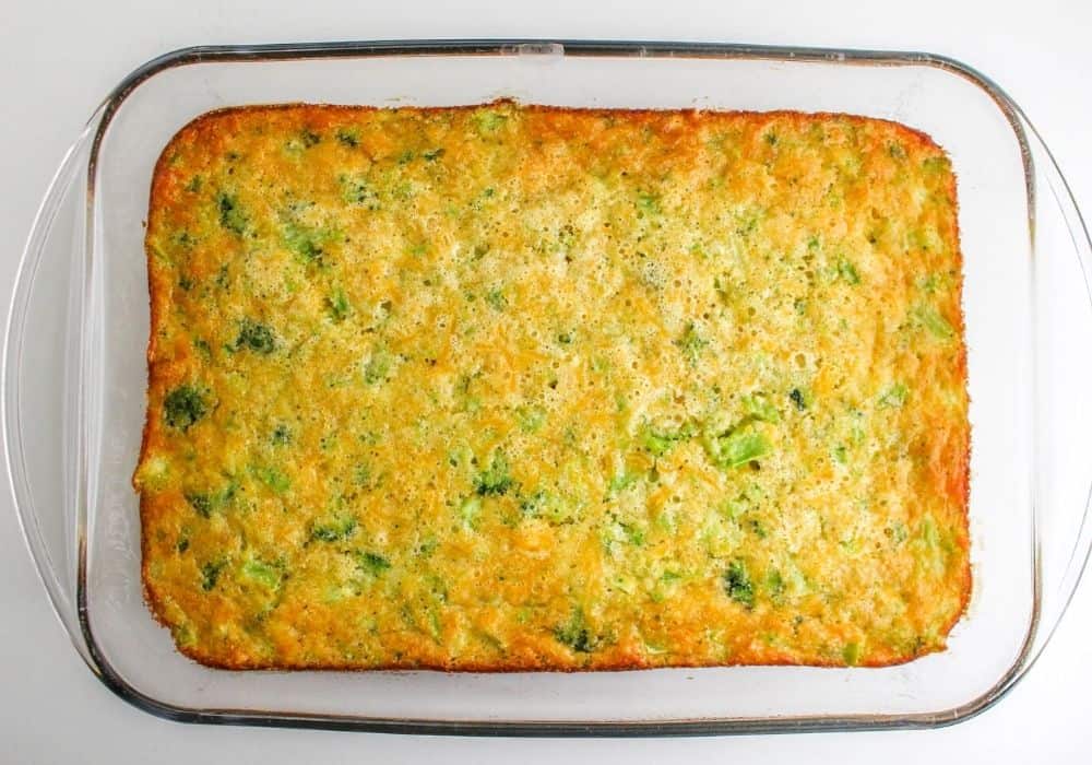 overhead view of freshly baked Jiffy cornbread with broccoli and cheese
