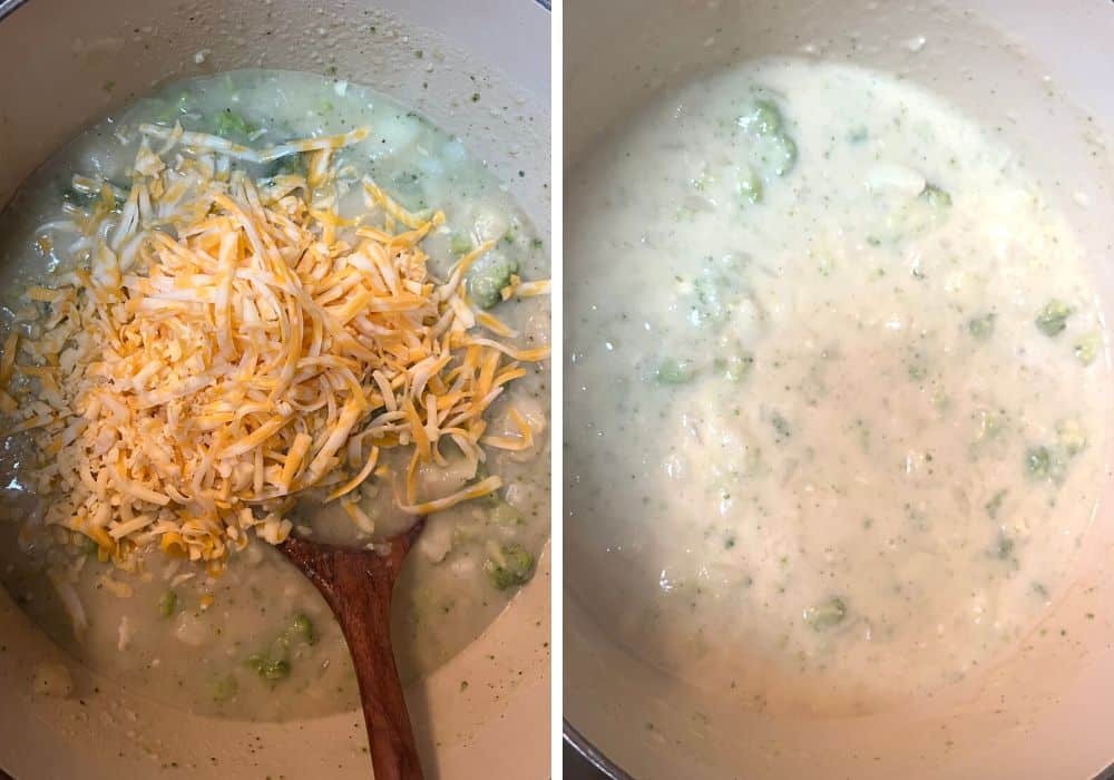 two photos; one shows shredded cheese added to the soup, the other shows the soup after the cheese has melted into it.