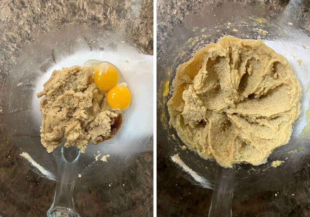 two photos; one shows eggs and vanilla extract added to the brown sugar mixture, the other shows the ingredients beaten together in the bowl.