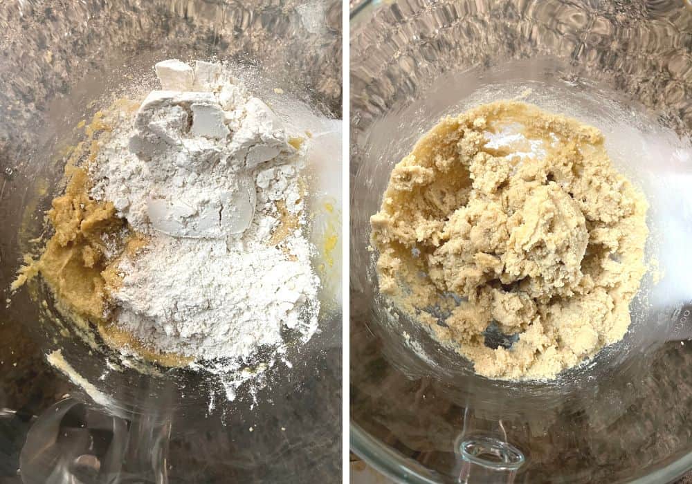 two photos; one shows bisquick baking mix added to the sugar mixture, the other shows it mixed together into a soft cookie dough.
