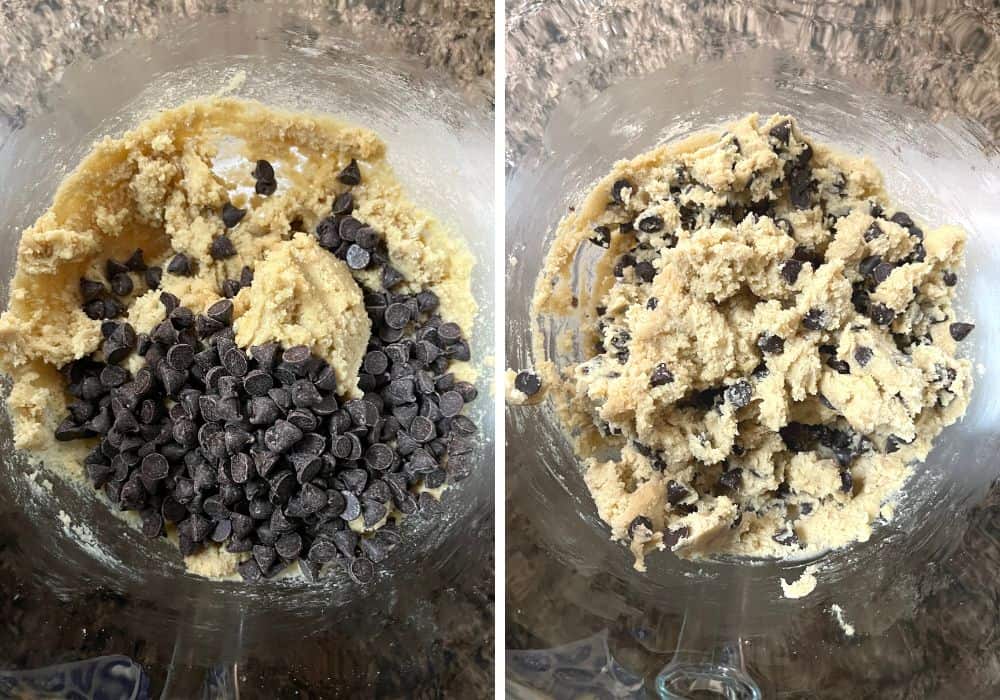 two photos; one shows chocolate chips on top of the cookie dough, the other shows the chips mixed into the dough.