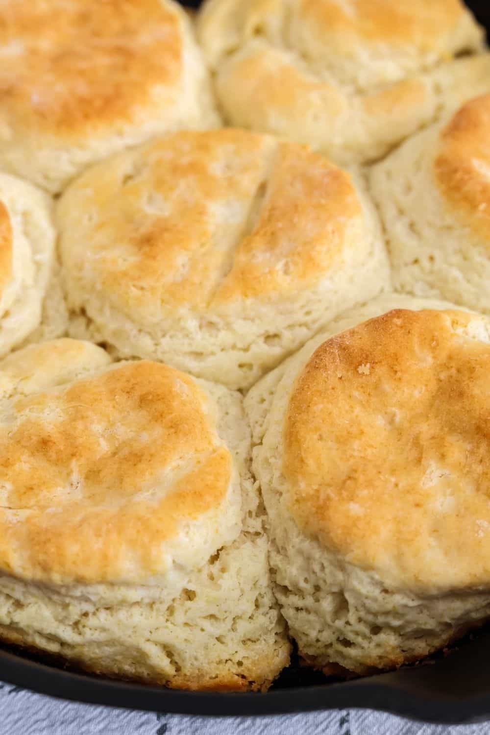 close-up view of the texture of bisquick biscuits in a cast iron skillet.
