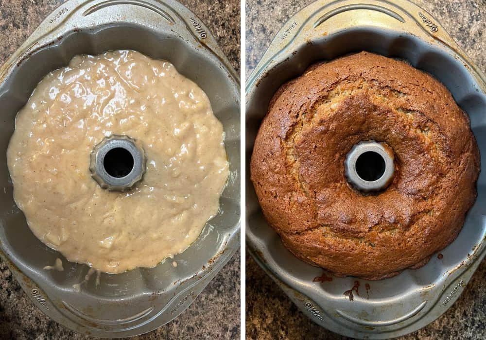 two photos; one shows banana pear cake batter in a bundt pan; the other shows the freshly baked cake still in the pan.