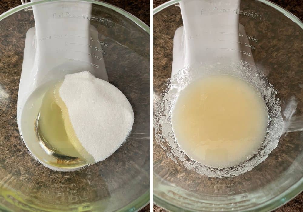 two photos; one shows oil and sugar in a glass mixing bowl, the other shows the ingredients mixed together.