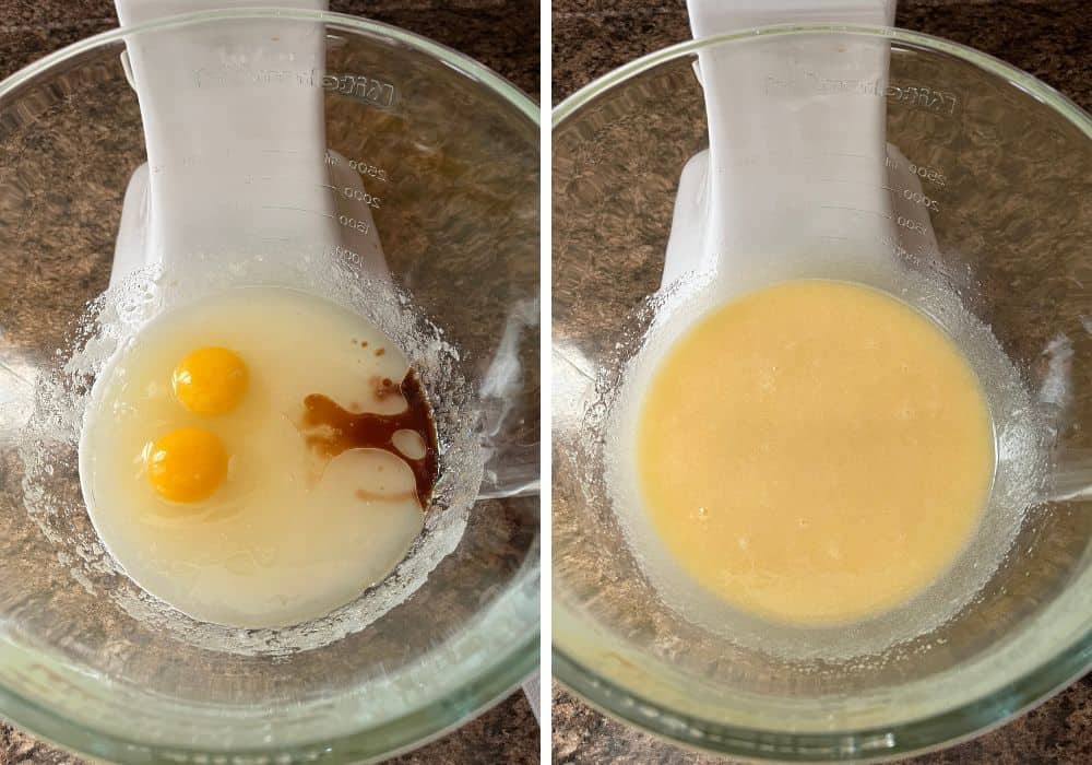 two photos; one shows eggs and vanilla extract added to the sugar/oil mixture. The other photo shows the ingredients mixed together.