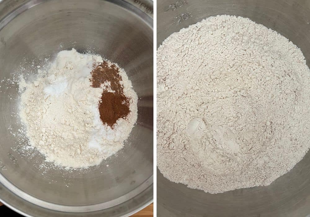 Two photos; one shows dry ingredients of flour, baking soda, salt, cinnamon, and nutmeg in a stainless steel mixing bowl; the other shows the ingredients whisked together.