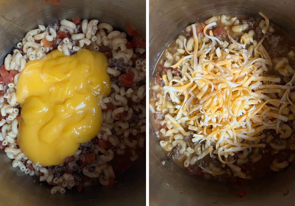 two photos; one shows condensed cheese soup added to cooked noodles, the other shows shredded cheese added.