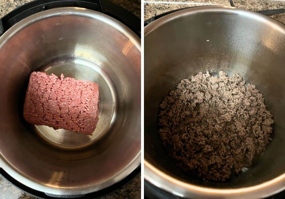 two photos; one shows a block of raw ground beef in the Instant Pot, the other shows the beef after being browned and broken apart.