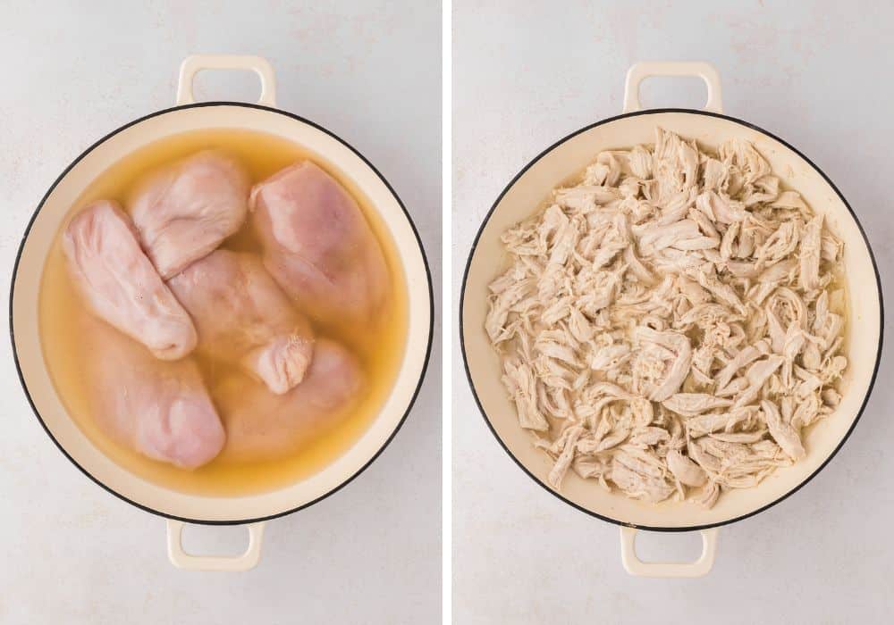 two photos; one shows raw boneless chicken breasts and broth in a pan, the other shows the chicken cooked and shredded in the broth.