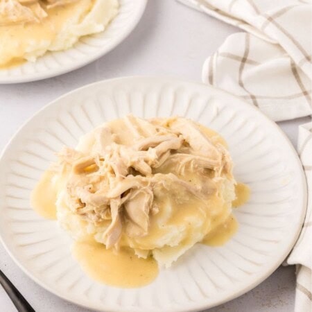 stove top chicken and gravy served over mashed potatoes on a white plate