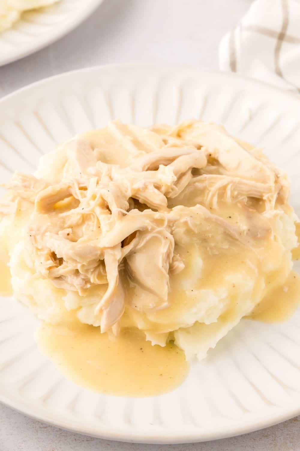 Tender chunks of chicken breast and gravy served with mashed potatoes on a white plate.