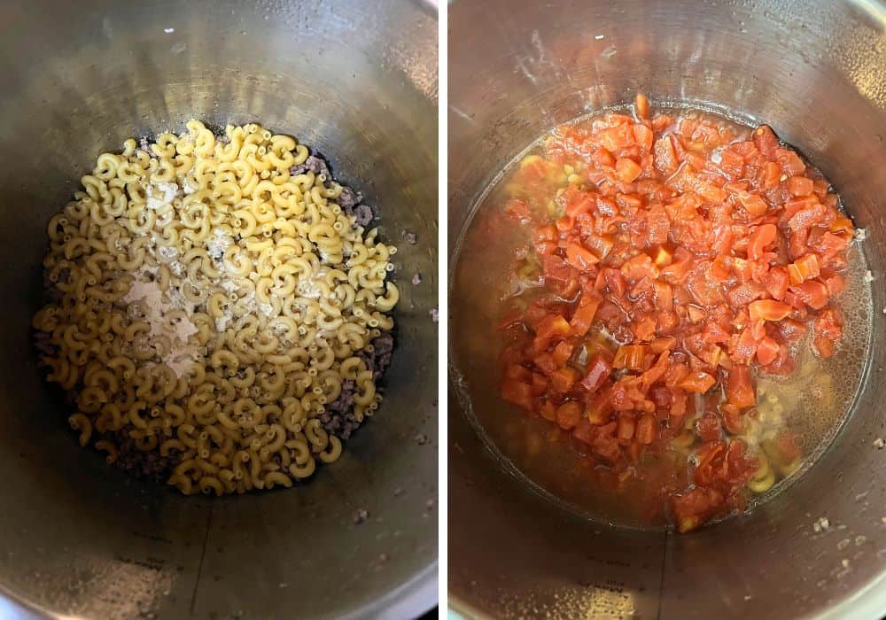 two photos; one shows dry macaroni and seasonings over the ground beef, the other shows water and diced tomatoes added over the noodles.