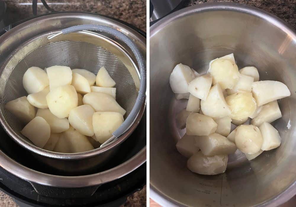 two photos; one shows peeled and quartered potatoes in an instant pot steamer basket, the other shows the cooked potatoes drained and placed back into the pot.