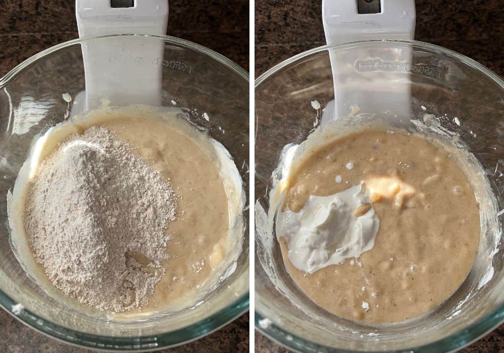 two photos; one shows dry ingredients added to the wet ingredients, the other shows sour cream added to the batter.
