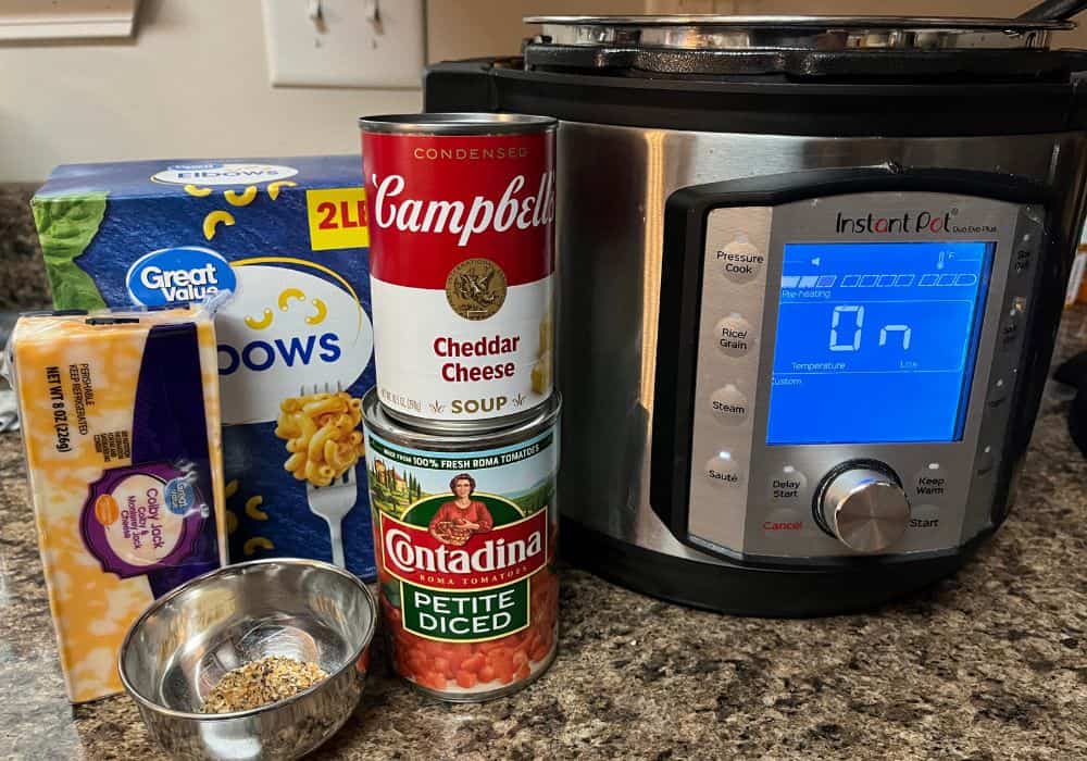 ingredients needed for cheeseburger macaroni, placed next to the Instant Pot