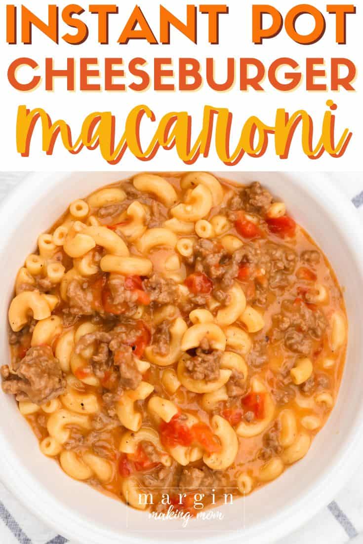 overhead view of a white bowl filled with Instant Pot cheeseburger macaroni